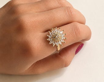 Flower Fidget Ring Adjustable Cubic Zirconia Anti Anxiety Spinner Ring 18K Gold Plated Sunflower Jewelry Gift