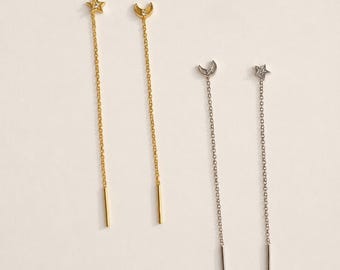 Moon and Star Threader Earrings 18K Gold Plated Celestial Dainty 925 Sterling Silver Minimalist Gift for Her