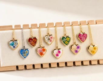 14K Gold Heart Locket Necklace Real Pressed Flower Resin Pendant Botanical Jewelry Dainty Gift for Her