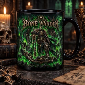 Op de afbeelding: Een zwarte keramische mok met een grafische illustratie van een skeletfiguur in harnas die een gloeiend groen zwaard vasthoudt. De tekst BONE WARDEN staat bovenaan, met DARK LORD COLLECTION onderaan. Het ontwerp bevat schedels en groene energie.
