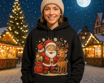 Sweat à capuche de Noël unisexe oversize | Père Noël et rennes | Pull de Noël premium | Cadeau de Noël | Création Norvia Design