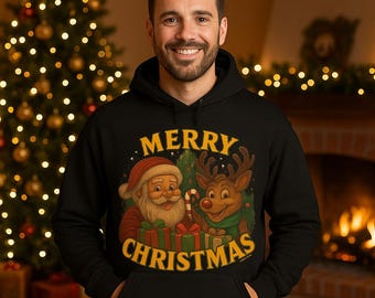 Men's Organic Merry Christmas Hoodie | Santa & Rudolph | Christmas Hoodie for Men | Winter Gift | Designed by Norvia Design