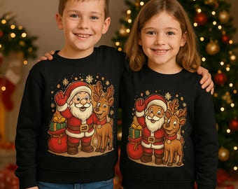 Kids' Christmas Sweatshirt | Santa & Reindeer | Premium Winter Sweater | Christmas Gift | Designed by Norvia Design