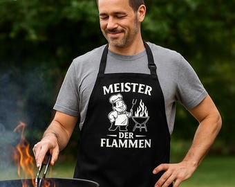 Grillschort “Meester van de Vlammen” | Grappig BBQ-schort voor mannen en grillfans | perfect cadeau voor grillmasters | Norvia Design