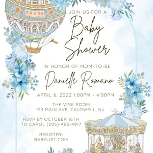 Puede incluir: Una invitación a un baby shower con un fondo de acuarela azul y blanco. La invitación presenta un globo aerostático con la palabra "París" en él y un carrusel. El texto de la invitación dice: "Únete a nosotros para un Baby Shower en honor a la futura mamá Danielle Romano, el 6 de abril de 2022 de 1:00 PM a 4:00 PM, The Vine Room, 123 Main Ave, Caldwell, NJ, RSVP antes del 16 de octubre a Carol (205)-460-4917, Registro: Babylist.com".