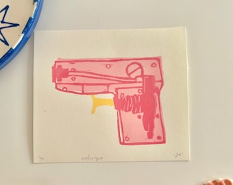 Pinke Wasserbüchse Linoldruck original limitierte Auflage