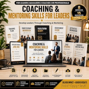 May include: A digital training bundle titled Coaching & Mentoring Skills for Leaders, featuring a laptop displaying a presentation, surrounded by eight printed manuals including a training plan, participant workbook, facilitator script, and assessment guide.