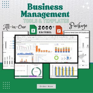Könnte beinhalten: Eine grüne und weiße Grafik mit dem Text "Business Management Tools & Templates" und "All-in-One" in größerer Schrift. Die Grafik enthält auch den Text "2000+ EDITABEL" und "Package" mit einem roten und blauen Symbol. Die Grafik zeigt eine Vielzahl von Diagrammen und Grafiken in Excel-Tabellen. Der Text "Customer Retail Sales KPI Dashboard" ist ebenfalls enthalten.