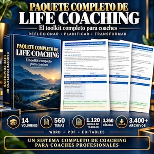Puede incluir: Un kit de herramientas de coaching de vida digital que incluye una carpeta azul oscuro con una portada de paisaje montañoso, junto a tres hojas de trabajo blancas con texto y tablas azules. El conjunto incluye 14 volúmenes, 560 temas, 1.120 hojas de trabajo, 3.360 páginas y más de 3.400 archivos en formatos Word, PDF y editables, etiquetado como Paquete Completo de Life Coaching.