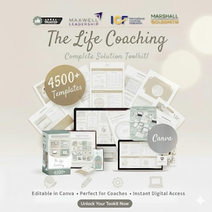 Puede incluir: Anuncio de un kit de herramientas de coaching de vida. La imagen presenta plantillas, una caja, un teléfono inteligente y dos computadoras portátiles. El texto incluye "The Life Coaching", "4500+ Templates" y "Editable in Canva".