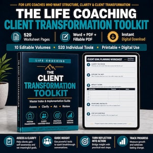 Puede incluir: El Life Coaching Client Transformation Toolkit incluye un libro y una tableta que muestra una hoja de trabajo de planificación de objetivos. El conjunto cuenta con 520 páginas de ejercicios, 10 volúmenes editables y formatos PDF y Word.
