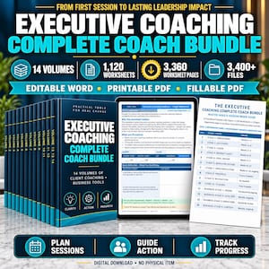 Könnte beinhalten: Executive Coaching Complete Coach Bundle mit 14 Bänden, 1.120 Arbeitsblättern, 3.360 Arbeitsblattseiten und über 3.400 Dateien. Verfügbar als bearbeitbares Word-Dokument, druckbares PDF und ausfüllbares PDF. Enthält Leitfaden, Planer und Fortschrittsanzeige.