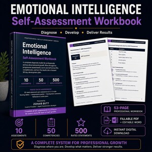 Puede incluir: Un libro de trabajo de autoevaluación de inteligencia emocional con cubierta de color morado oscuro y negro. El libro incluye 10 evaluaciones, 50 competencias y 500 declaraciones calificadas. Dos páginas abiertas muestran escalas y competencias.