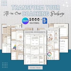 Kit di strumenti di coaching definitivo: modelli Word e Canva modificabili, moduli, strumenti, fogli di valutazione, valutazioni delle sessioni di coaching e molto altro ancora.