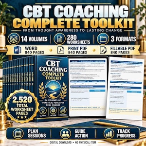 Puede incluir: Un conjunto de productos digitales CBT Coaching Complete Toolkit con 14 volúmenes, 280 hojas de trabajo y 840 páginas en formatos Word, PDF imprimible y PDF rellenable. La imagen muestra lomos de libros, dos páginas y varios iconos.