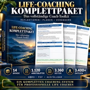 Może przedstawiać: Zestaw narzędzi do coachingu życia z ciemnoniebieskim pudełkiem z górskim krajobrazem i napisem LIFE-COACHING KOMPLETTPAKET. Zawiera drukowane arkusze, 14 tomów, 1120 arkuszy, 3360 stron i ponad 3400 plików w formatach Word i PDF.