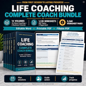 May include: A digital life coaching bundle featuring a dark blue book spine set labeled with stages, a tablet displaying a baseline life satisfaction worksheet, and a printed master index and action plan document with clear text and icons.