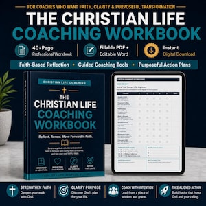 May include: The Christian Life Coaching Workbook is a dark blue book with white and teal text. Beside it, a tablet displays a Life Alignment Scorecard assessment. The cover features a cross icon, a book icon, and four circular icons with text.