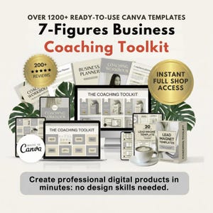 May include: An advertisement for a business coaching toolkit. The image features a computer, tablets, and a phone displaying the toolkit's interface. Text includes "7-Figures Business Coaching Toolkit" and "Create professional digital products in minutes: no design skills needed."