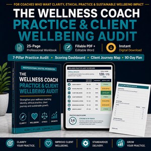 May include: A digital wellness coach practice and client wellbeing audit workbook set. Includes a 25-page professional workbook, a fillable PDF, an editable Word document, a scoring dashboard, a client journey map, and a 90-day implementation plan.