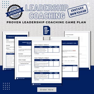 Puede incluir: Una descarga digital titulada "Leadership Coaching" con un diseño azul y blanco. La imagen incluye un documento con el texto "Strengths and Evaluation" y las palabras "Instant Download". El texto "Order Now" está en la parte inferior.