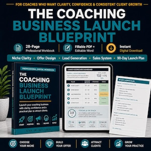 Peut inclure: Un ensemble de plan de lancement d'entreprise de coaching numérique comprenant un manuel professionnel de 28 pages, une tablette affichant un tableau de bord de score de lancement de 132/175 et un document de plan de lancement sur 90 jours.