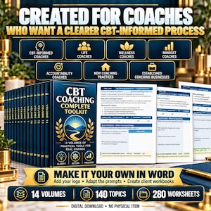 Puede incluir: Un kit de herramientas digital para coaches con 14 volúmenes de recursos basados en TCC. El conjunto incluye 140 temas y 280 hojas de trabajo en formato Word. La portada muestra el texto CBT COACHING COMPLETE TOOLKIT con un gráfico de amanecer.