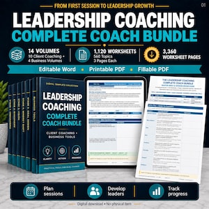Pode incluir: Um pacote digital de coaching de liderança com 14 volumes, 1.120 planilhas e 3.360 páginas. O conjunto inclui um tablet exibindo uma planilha, um índice impresso e uma coleção de livros azul-escuros com etiquetas de etapas e ferramentas.