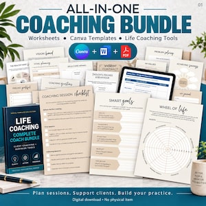 May include: An all-in-one coaching bundle featuring a collection of digital worksheets, Canva templates, and life coaching tools. The set includes documents titled Coaching Session Checklist, Smart Goals, and Wheel of Life, alongside a tablet displaying an action plan.