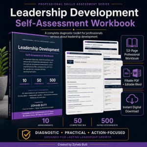 Può includere: Un workbook di autovalutazione per lo sviluppo della leadership di Zohaib Butt, con 10 valutazioni, 50 competenze e 500 dichiarazioni classificate. La copertina blu scuro presenta testo bianco, include un manuale di 53 pagine, PDF e Word modificabili.
