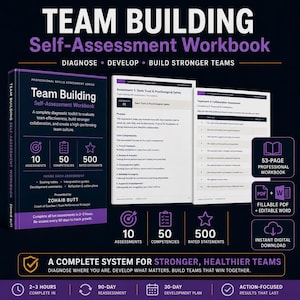 Può includere: Un quaderno di autovalutazione per il team building con copertina scura e testo viola, 10 valutazioni, 50 competenze e 500 dichiarazioni classificate. Include un manuale professionale di 53 pagine, PDF compilabile e file Word modificabile.