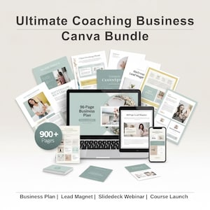 Puede incluir: Imagen de un paquete de Canva para empresas de coaching. El paquete incluye un portátil, una tableta y un smartphone que muestran plantillas de planes de negocio, imanes de clientes potenciales y diapositivas de seminarios web. El texto dice "Ultimate Coaching Business Canva Bundle" y "900+ Pages".