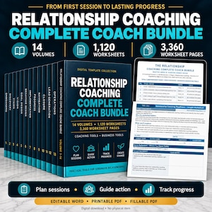 Peut inclure: Une collection de modèles numériques intitulée Relationship Coaching Complete Coach Bundle, comprenant 14 volumes, 1 120 feuilles de travail et 3 360 pages. L'ensemble inclut une tablette affichant un index et une fiche de travail imprimée.