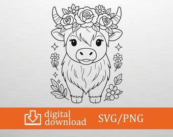 Highland Cow SVG Cute Calf Cut File for Cricut Silhouette Flower Crown Png Farmhouse Animal Clipart Western Floral TShirt Decal Vector svg