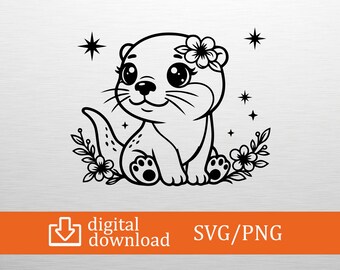 Baby Otter SVG Cute Animal Flower Cut File for Cricut Silhouette Kawaii Sea Otter Png Nursery Wall Art Kids T-shirt Design Digital Download