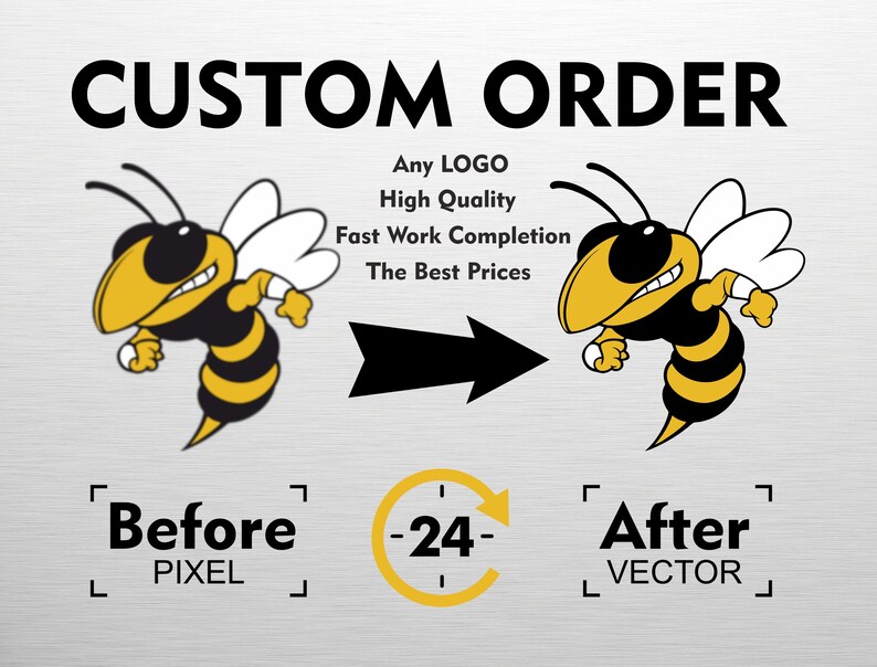May include: Image with the text "CUSTOM ORDER" and a cartoon bee mascot. The text includes "Any LOGO, High Quality, Fast Work Completion, The Best Prices." The image shows a "Before PIXEL" and "After VECTOR" comparison.