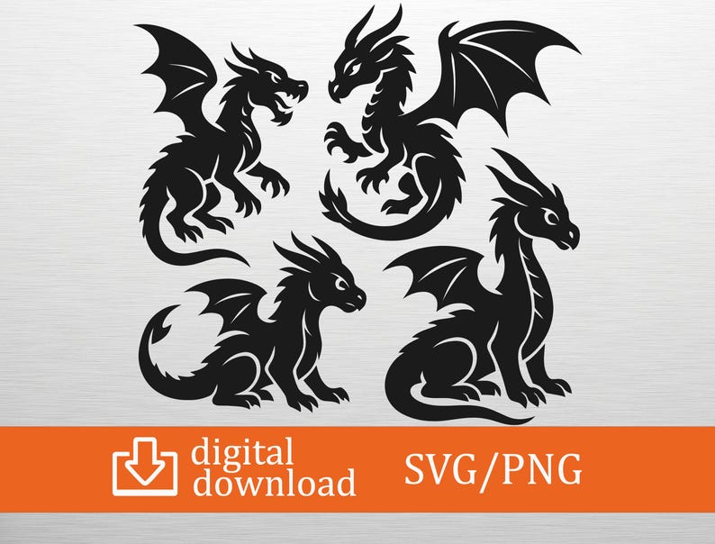 Dragon Silhouette Bundle SVG PNG Digital Download - Fantasy Art, Cricut ...