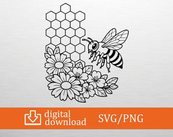 Honey Bee SVG Floral Honeycomb Cut File Cricut Silhouette Bumblebee Flower Clipart Spring Garden Decal TShirt Apron Vector Digital Png