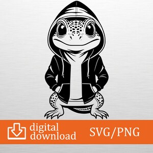 Könnte beinhalten: Schwarz-Weiß-Illustration eines Geckos mit Kapuzenpullover. Der Gecko hat große Augen und steht aufrecht. Das Bild enthält die Wörter "digitaler Download" und "SVG/PNG" in einem orangefarbenen Banner.