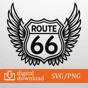 May include: Black and white Route 66 sign with wings. The sign features the words "ROUTE 66" above the number "66". The image also includes the words "digital download" and "SVG/PNG".