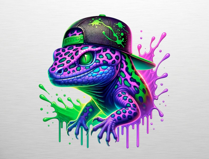 May include: A vibrant illustration of a gecko wearing a black and green baseball cap. The gecko is purple and blue with green spots, and is surrounded by green and pink paint splatters. The gecko has green eyes and a smiling expression.