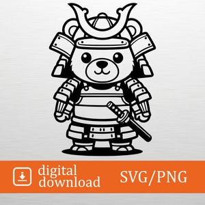 May include: Black and white illustration of a bear dressed as a samurai warrior, complete with helmet, armor, and a katana. The image includes the text "digital download" and "SVG/PNG".