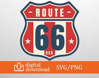 Route 66 USA SVG & PNG digitaler Download - Patriotische Reise Clipart, Cricut-Datei, T-Shirt-Design, Road Trip Decor, Craft Cut, Printable Retro