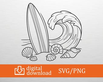 Surfboard SVG Wave Cut File for Cricut Silhouette Summer Beach Png Ocean Sea Shell Clipart Coastal TShirt Design Lake House Decal Vector