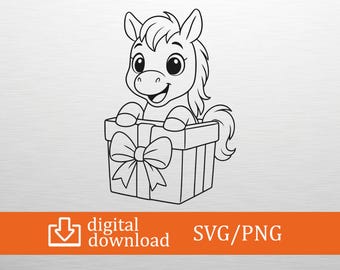 Cute Horse SVG Pony in Gift Box Cut File Cricut Silhouette Birthday Clipart Baby Shower Gift Basket TShirt Vector Commercial Digital Png