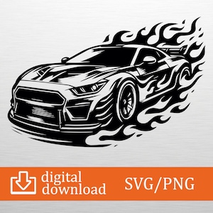 Könnte beinhalten: Schwarz-weiße Illustration eines Sportwagens mit Flammen. Das Auto hat einen Spoiler und ist von stilisierten Flammen umgeben, was den Eindruck von Geschwindigkeit erweckt. Der Text "digital download" und "SVG/PNG" ist enthalten.