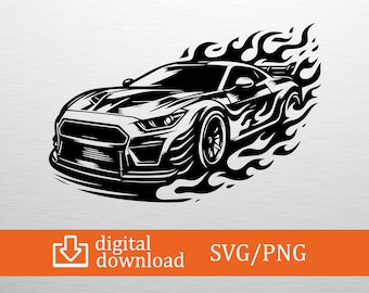 Flaming Sports Car SVG PNG Digital Download - Fire Car Clipart, Cricut File, Racing T-Shirt Design, Speed Gift, Vinyl Decal, Hot Rod Decor