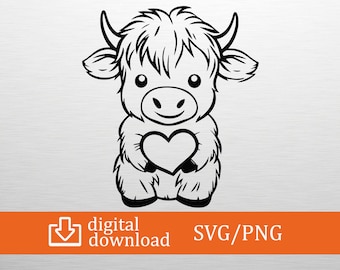 Highland Cow SVG Cute Heifer Holding Heart Cut File for Cricut Silhouette Valentine Cow Png Kawaii Farm Animal Shirt Design Baby Nursery DIY