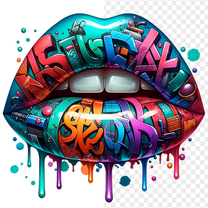 May include: A vibrant, graffiti-style illustration of lips. The lips are painted in shades of teal, pink, orange, and purple, with dripping paint effects. The lips are filled with colorful graffiti art, featuring various words and designs.