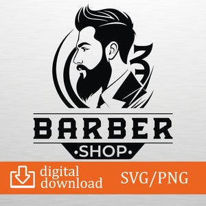 Puede incluir: Logotipo de barbería en blanco y negro con el perfil estilizado de un hombre con barba y peinado moderno. El texto "BARBER SHOP" se muestra debajo de la imagen. También están presentes las palabras "digital download" y "SVG/PNG".
